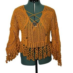 Dundas x Revolve Sweater Womens XS Mustard Crochet Lace Up Fringe Boho Open Knit